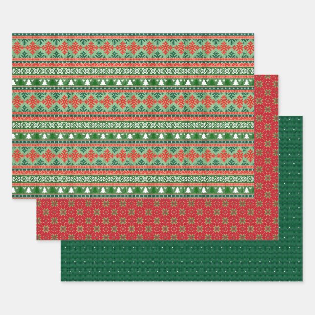 Red and Green Sweater Knit Pattern Wrapping Paper Sheet (Set)