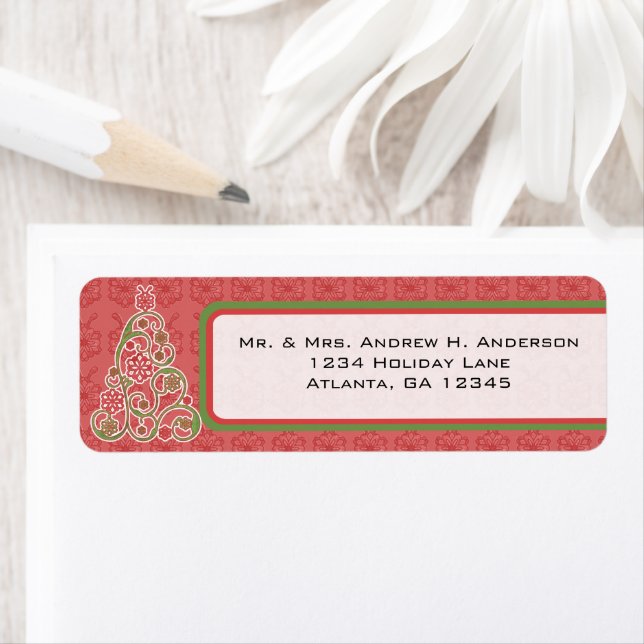 Red and Green Swirl Christmas Tree Labels (Insitu)