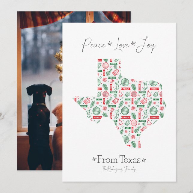 Red and Green Texas Line Art Patterned Holiday Card (Front/Back)