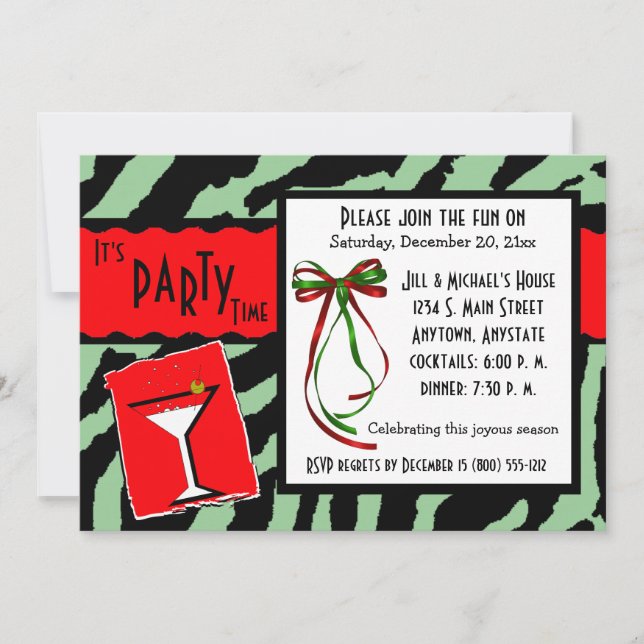 Red And Green Tiger Print Holiday Party Invitation (Front)