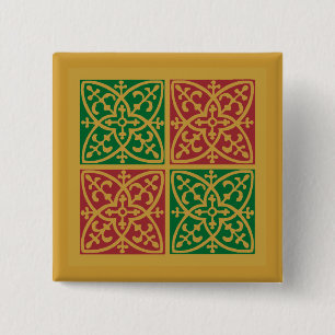 Red and Green Tile Art on Gold Pattern 2 Inch Square Button