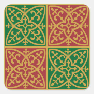 Red and Green Tile Art on Gold Pattern Square Sticker