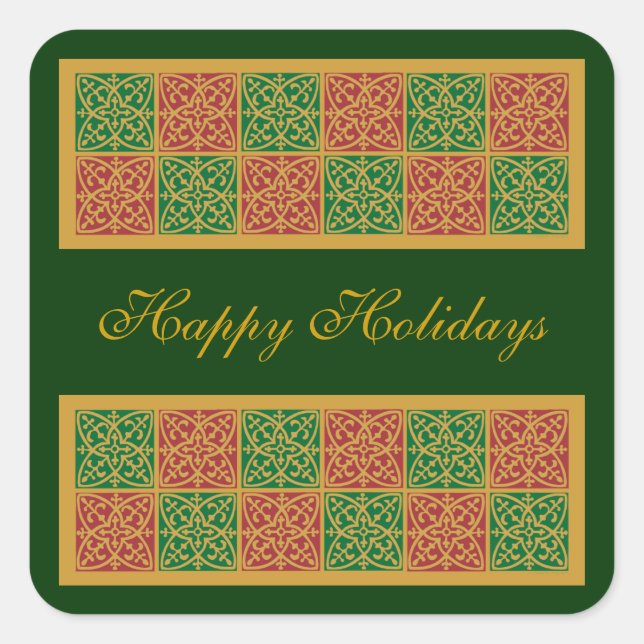 Red and Green Tile Art on Gold Pattern Square Sticker (Front)