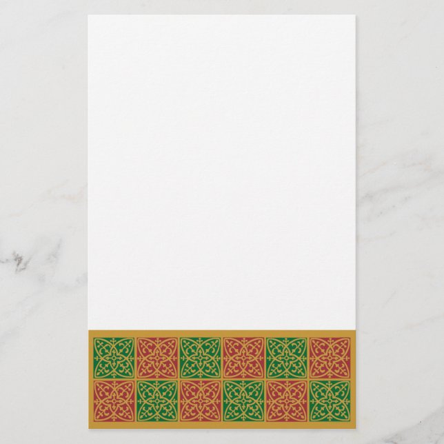 Red and Green Tile Art on Gold Pattern Stationery (Front)
