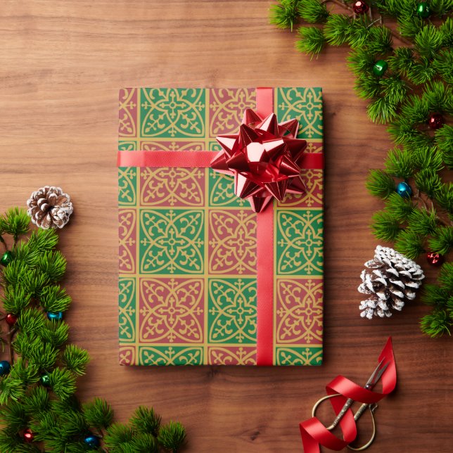 Red and Green Tile Art on Gold Pattern Wrapping Paper (Holiday Gift)