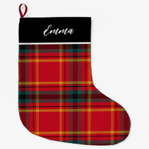 Red and Green Traditional Plaid Name Monogram Large Christmas Stocking
