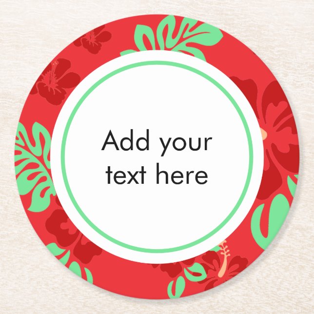 Red and Green Tropical Hibiscus Floral Custom Text Round Paper Coaster (Front)