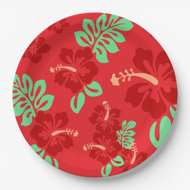 Red and Green Tropical Hibiscus Floral Pattern Paper Plate (Front)