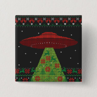 Red and Green UFO Tractor Beam Ugly Christmas 2 Inch Square Button