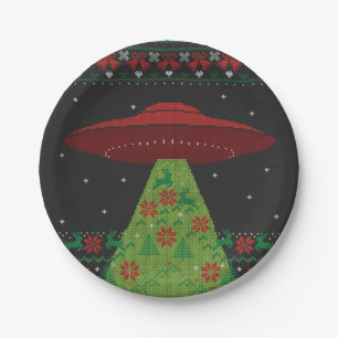 Red and Green UFO Tractor Beam Ugly Christmas Paper Plate