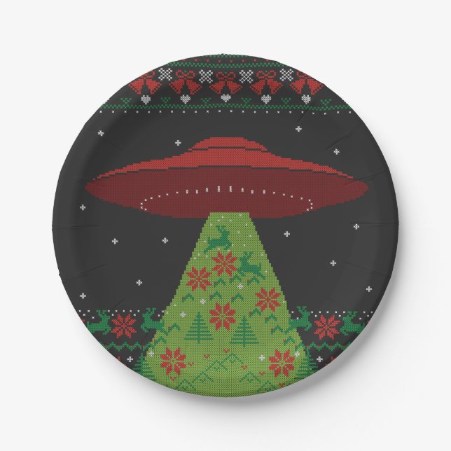 Red and Green UFO Tractor Beam Ugly Christmas Paper Plate (Front)