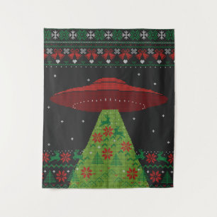 Red and Green UFO Tractor Beam Ugly Christmas Tapestry
