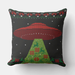 Red and Green UFO Tractor Beam Ugly Christmas Throw Pillow