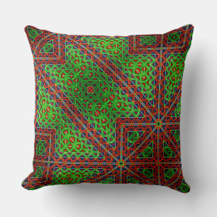 Red and green uneven kaleidoscope of triangles to… throw pillow