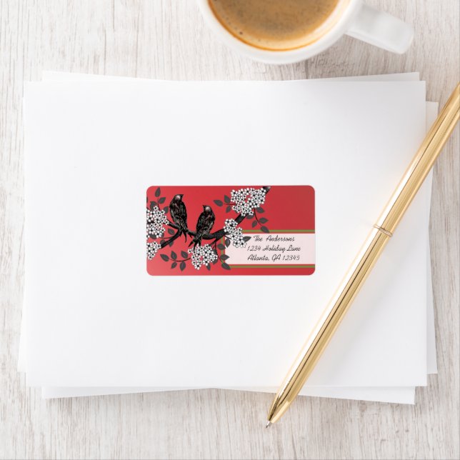 Red and Green Vintage Birds Christmas Labels (Insitu)