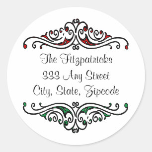Red and Green Vintage Scrollwork and Fancy Font Classic Round Sticker