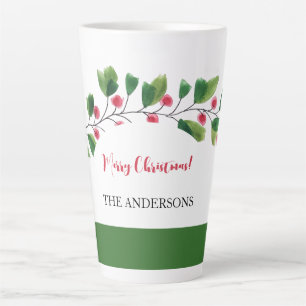 Red And Green Watercolor Berry Branch Personalized Latte Mug