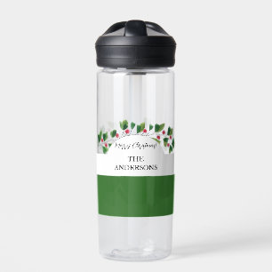 Red And Green Watercolor Berry Branch Personalized Water Bottle
