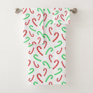 Red and Green Watercolor Candy Cane Pattern  Bath Towel Set