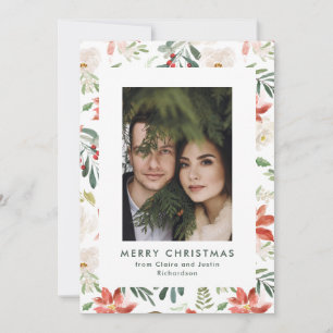 Red and Green Watercolor Christmas Floral   Photo Holiday Card