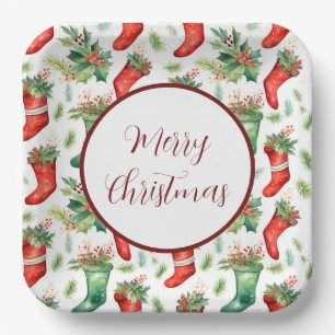 Red and Green Watercolor Stockings Paper Plate