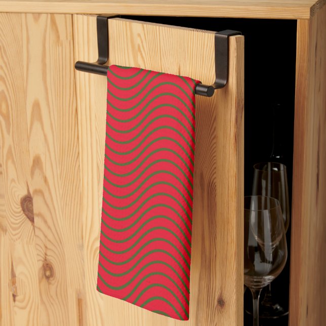 Red And Green Wave Pattern Kitchen Towel (Thirds Fold)
