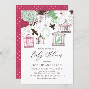 Red and Green Whimsical Birdcages Baby Shower Invitation