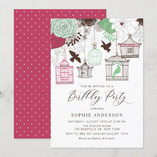 Red and Green Whimsical Birdcages Birthday Invitation