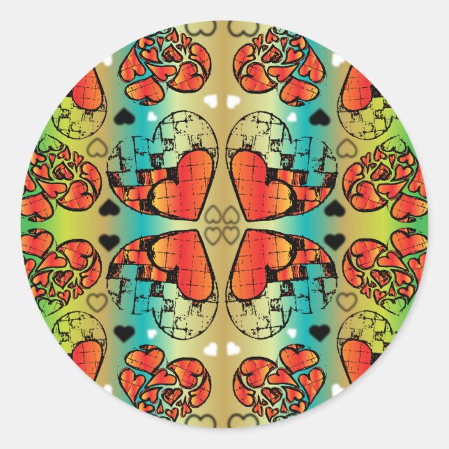 Red and green Whimsical Romantic Hearts pattern Classic Round Sticker (Front)