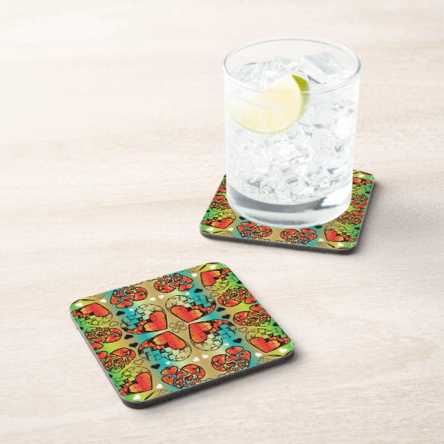 Red and green Whimsical Romantic Hearts pattern Coaster (Right Side)