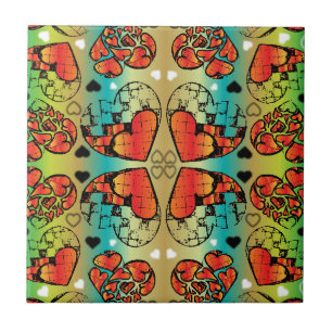 Red and green Whimsical Romantic Hearts pattern Tile