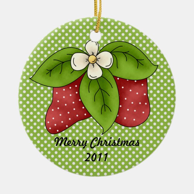 Red and Green Winter Christmas Strawberry Design Ceramic Ornament (Front)