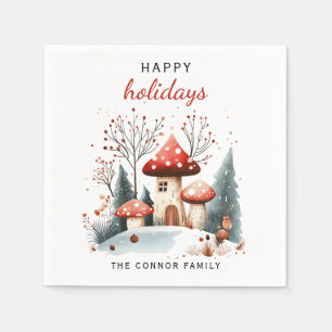 Red and Green Winter Woodland Happy Holidays Napkin