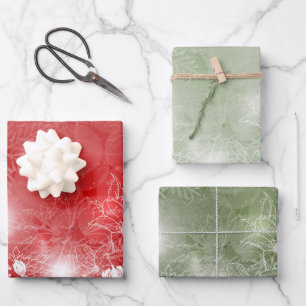 Red and Green with White Poinsettia and Flowers  Wrapping Paper Sheet