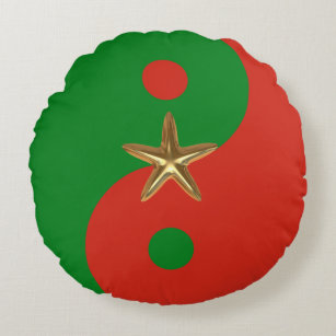 Red and Green Yin Yang with Gold Star Round Pillow