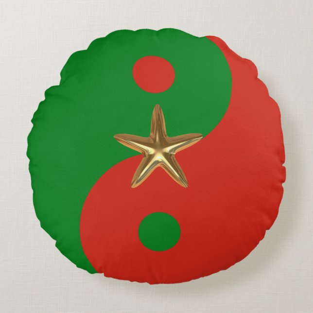 Red and Green Yin Yang with Gold Star Round Pillow (Front)