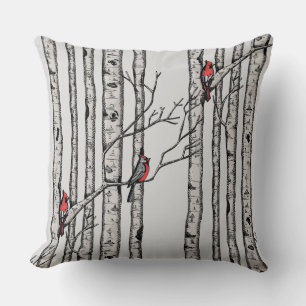 Red and Grey Birch Trees and Red Cardinal Birds Throw Pillow