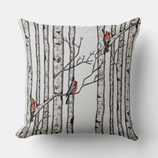 Red and Grey Birch Trees and Red Cardinal Birds Throw Pillow (Front)