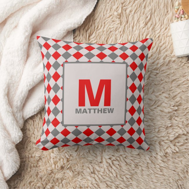 Red and Grey Boys Diamond Pattern Monogrammed Throw Pillow (Blanket)