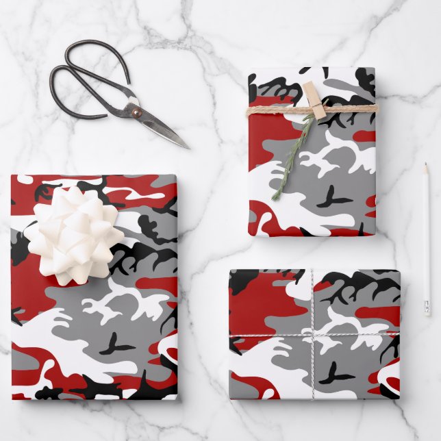 Red and Grey Camouflage, Military, Army Wrapping Paper Sheet (Front)