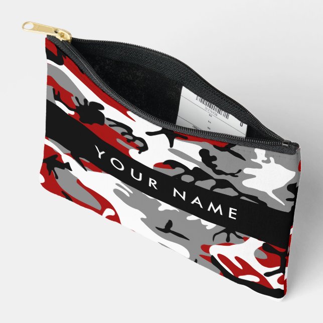 Red and Grey Camouflage Your name Personalize Accessory Pouch (Open)