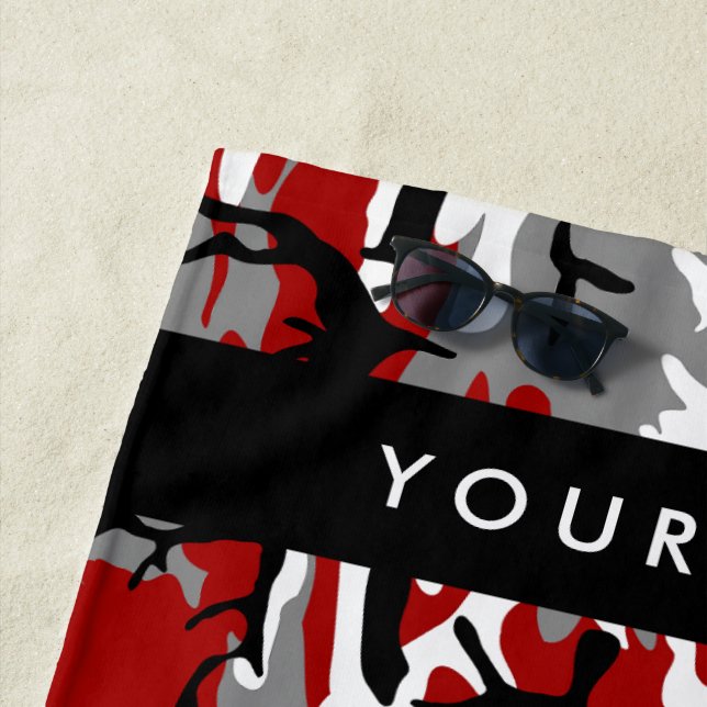 Red and Grey Camouflage Your name Personalize Beach Towel (In Situ)