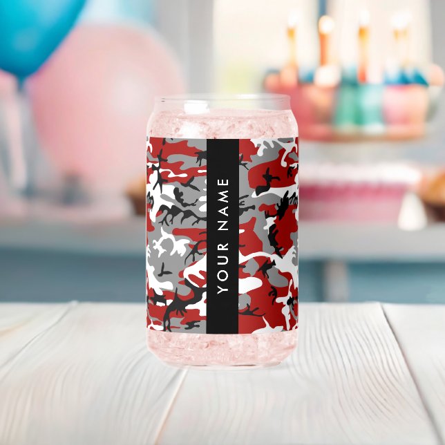 Red and Grey Camouflage Your name Personalize Can Glass (Insitu (Baby Shower))
