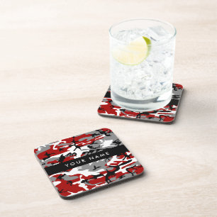 Red and Grey Camouflage Your name Personalize Coaster