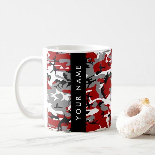 Red and Grey Camouflage Your name Personalize Coffee Mug (With Donut)