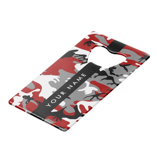 Red and Grey Camouflage Your name Personalize Credit Card Bottle Opener (Front Angled)