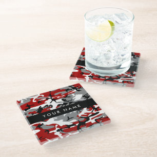 Red and Grey Camouflage Your name Personalize Glass Coaster