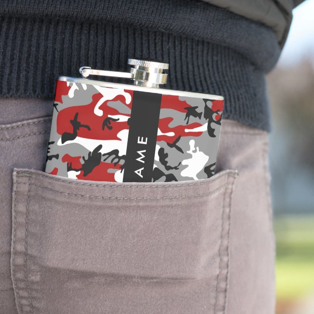 Red and Grey Camouflage Your name Personalize Hip Flask (In Situ)