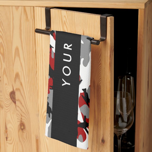 Red and Grey Camouflage Your name Personalize Kitchen Towel (Thirds Fold)
