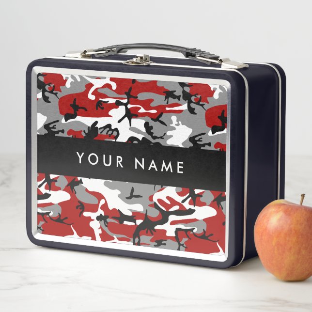 Red and Grey Camouflage Your name Personalize Metal Lunch Box (In Situ)